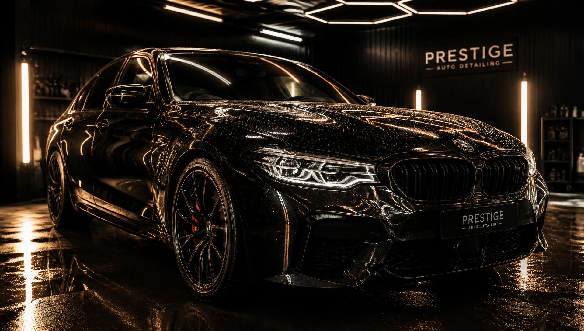 Black luxury sedan with a freshly ceramic-coated mirror finish inside a detailing studio